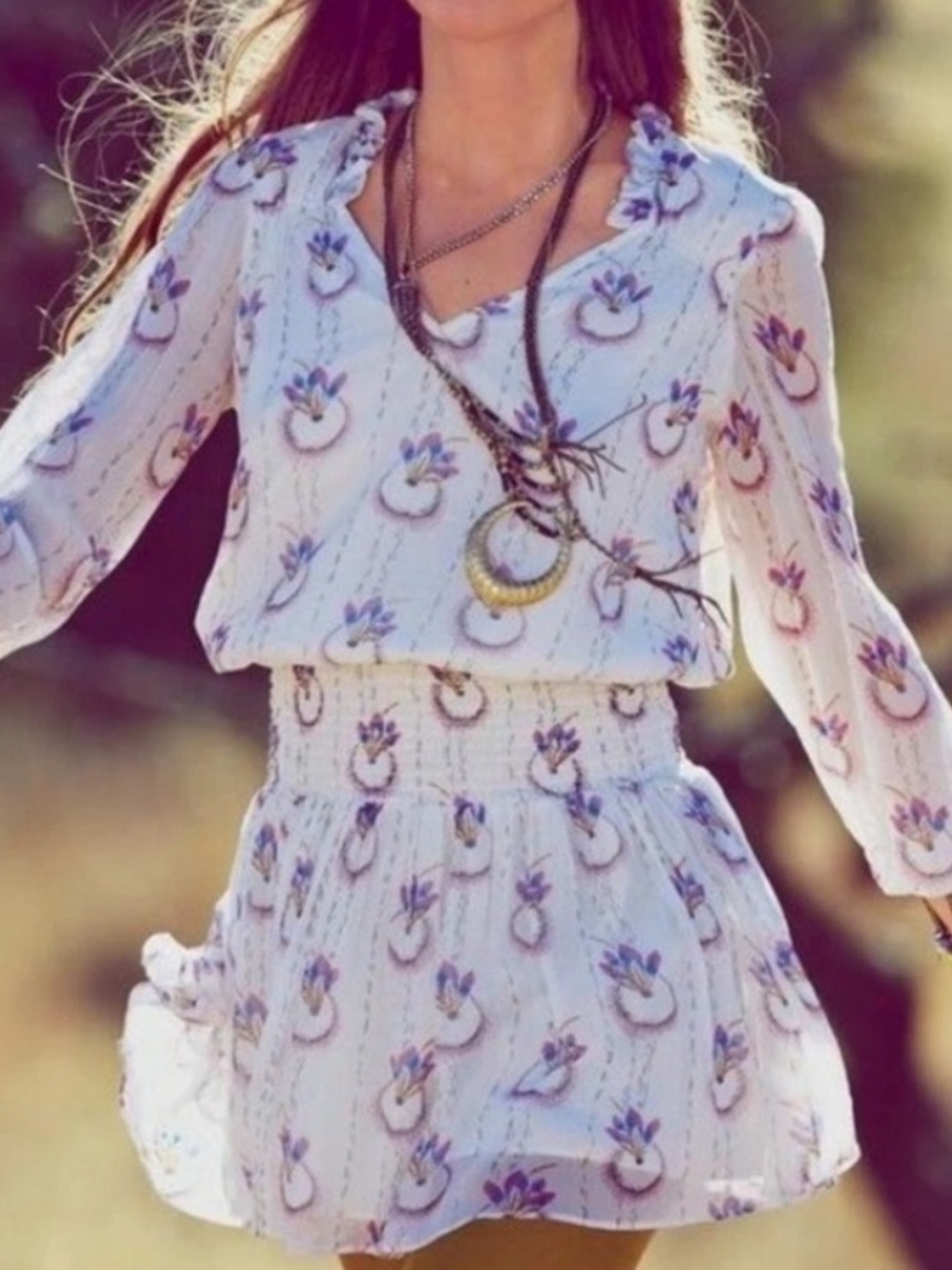 Free People Wild Horses White Floral Long Sleeve Smocked Waist Mini Dress Large
